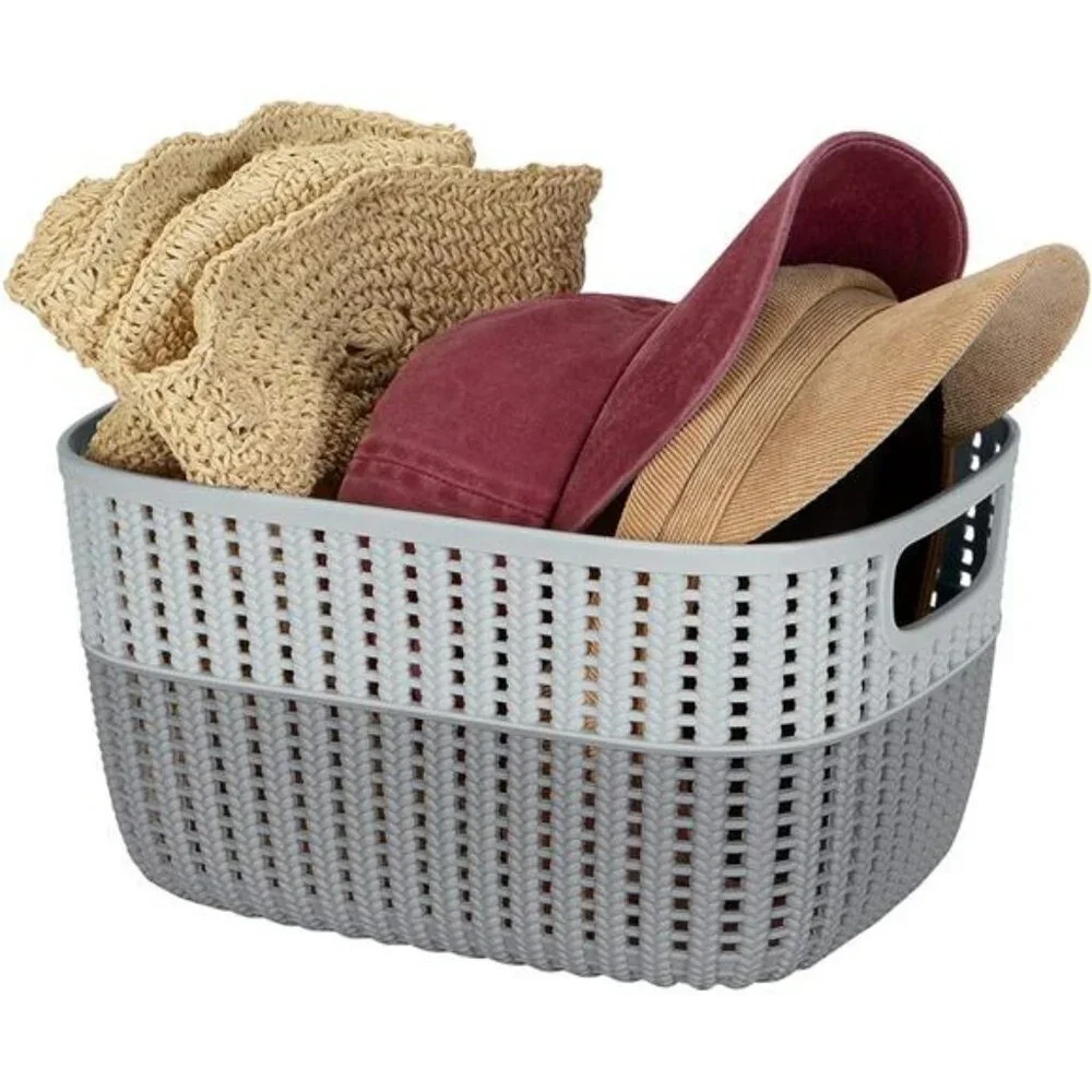 Plastic Storage Basket Bin Grey Medium Closet Bathroom Organizer with Handles